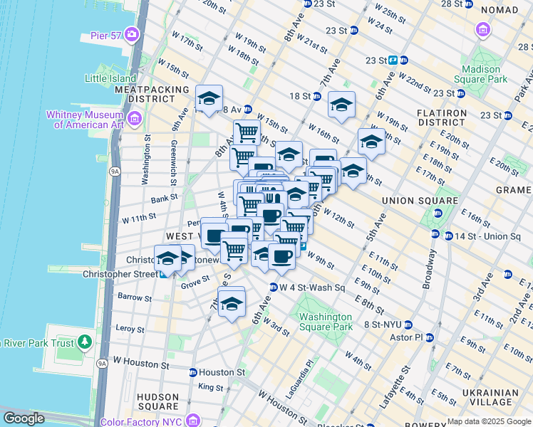 map of restaurants, bars, coffee shops, grocery stores, and more near 70 Greenwich Avenue in New York
