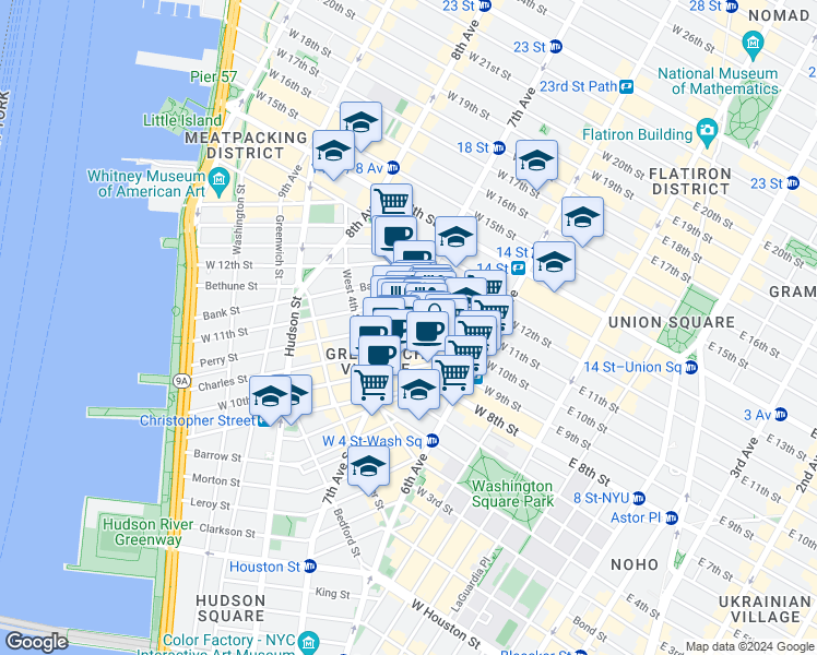 map of restaurants, bars, coffee shops, grocery stores, and more near 70 Greenwich Avenue in New York
