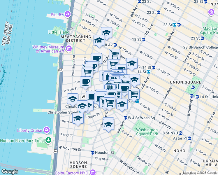 map of restaurants, bars, coffee shops, grocery stores, and more near 36 Perry Street in New York