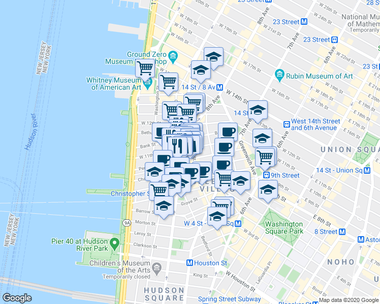 map of restaurants, bars, coffee shops, grocery stores, and more near in New York