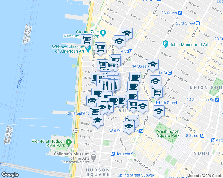 map of restaurants, bars, coffee shops, grocery stores, and more near 100 Perry Street in New York