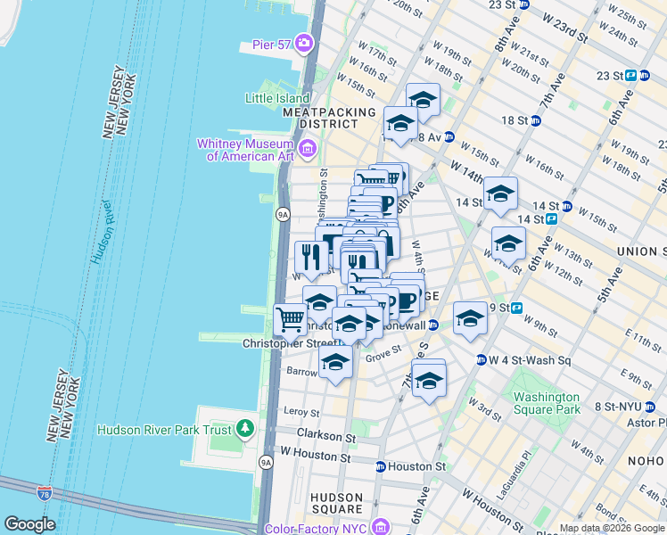 map of restaurants, bars, coffee shops, grocery stores, and more near 316 West 11th Street in New York
