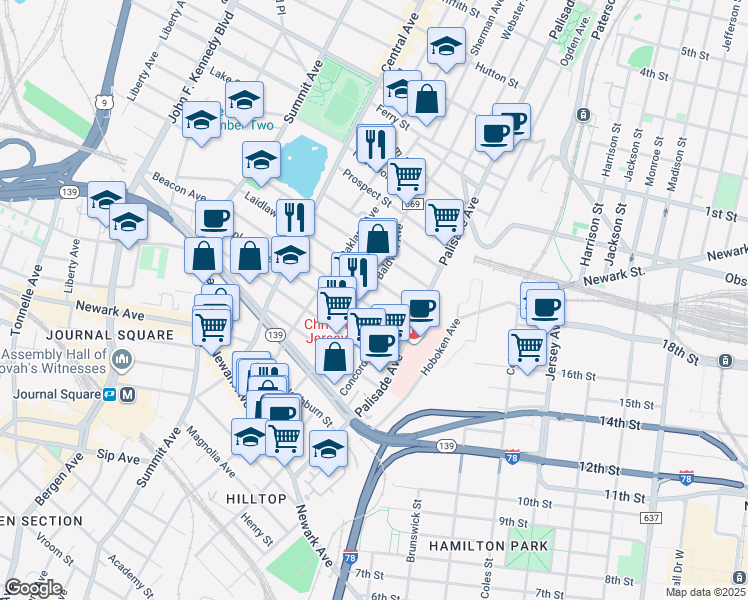 map of restaurants, bars, coffee shops, grocery stores, and more near 46 Beacon Avenue in Jersey City