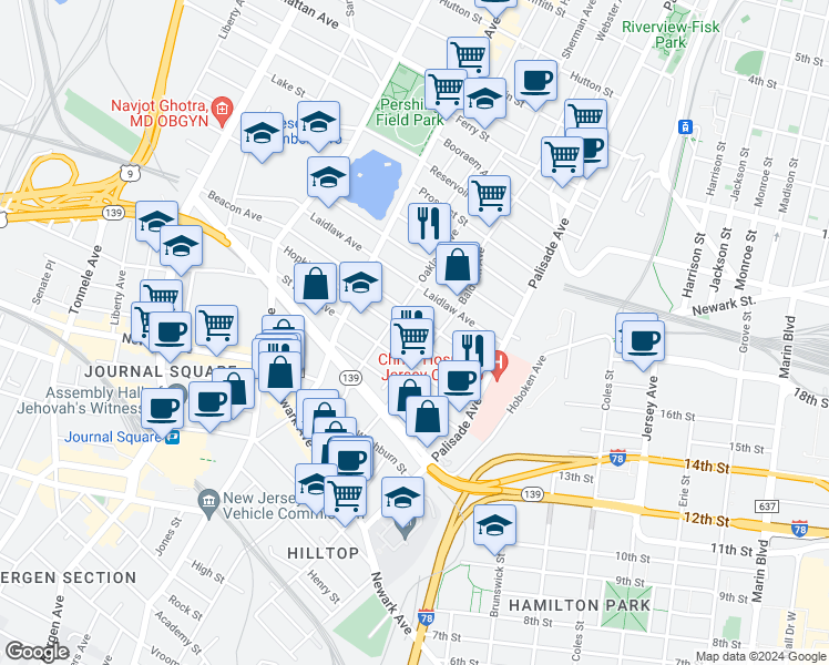 map of restaurants, bars, coffee shops, grocery stores, and more near 63 Hopkins Avenue in Jersey City