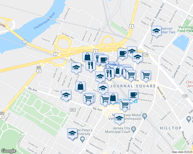 map of restaurants, bars, coffee shops, grocery stores, and more near 30 Broadway in Jersey City