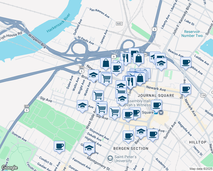 map of restaurants, bars, coffee shops, grocery stores, and more near in Jersey City