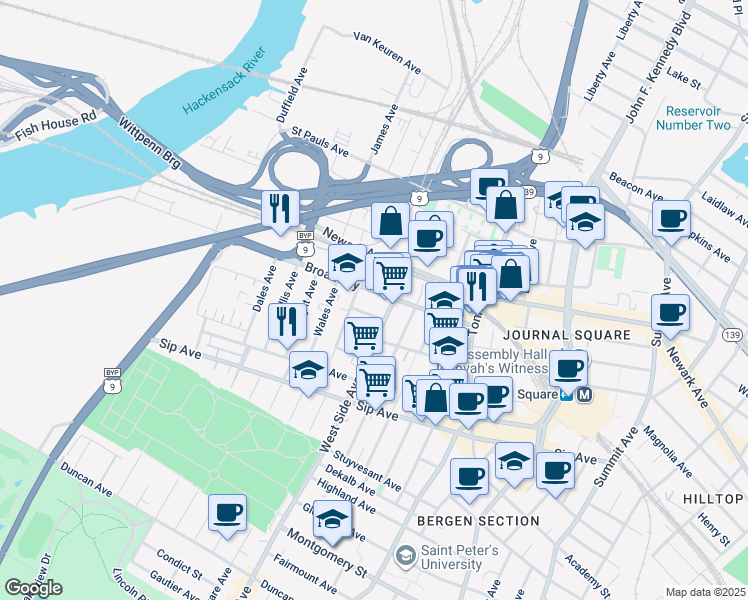 map of restaurants, bars, coffee shops, grocery stores, and more near 16 Marion Place in Jersey City