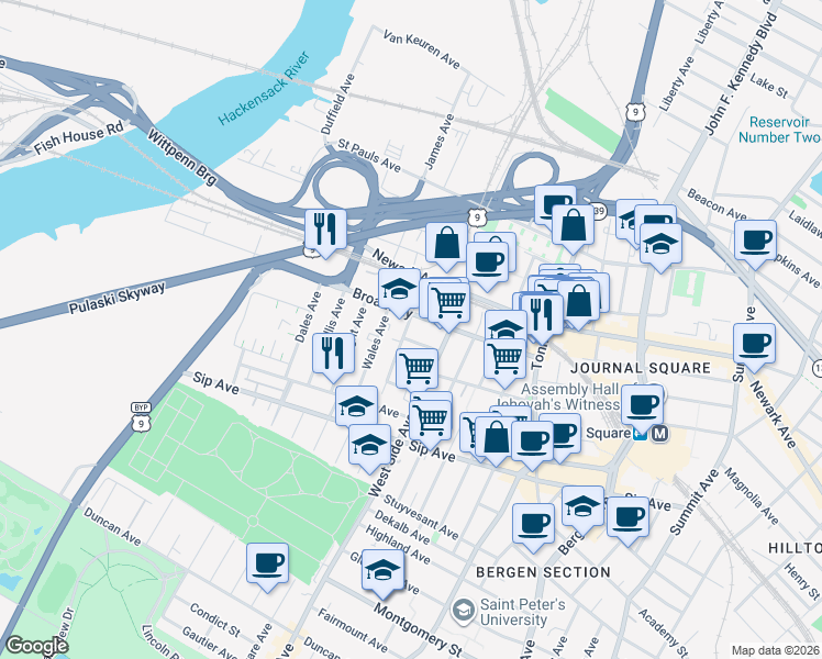 map of restaurants, bars, coffee shops, grocery stores, and more near 16 Marion Place in Jersey City