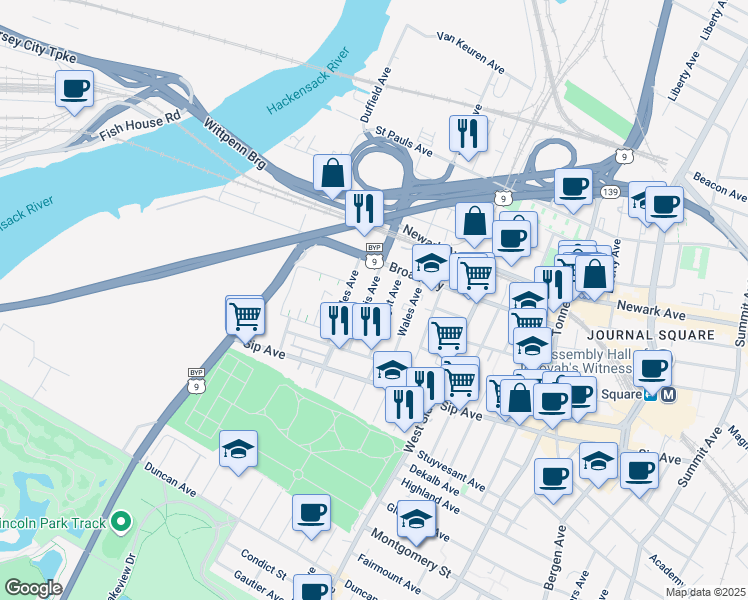 map of restaurants, bars, coffee shops, grocery stores, and more near 49 Wright Avenue in Jersey City