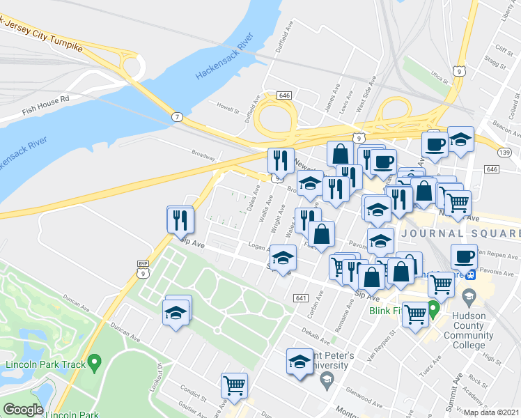 map of restaurants, bars, coffee shops, grocery stores, and more near 46 Dales Avenue in Jersey City