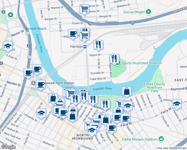 map of restaurants, bars, coffee shops, grocery stores, and more near 1200 Frank E Rodgers Boulevard South in Harrison