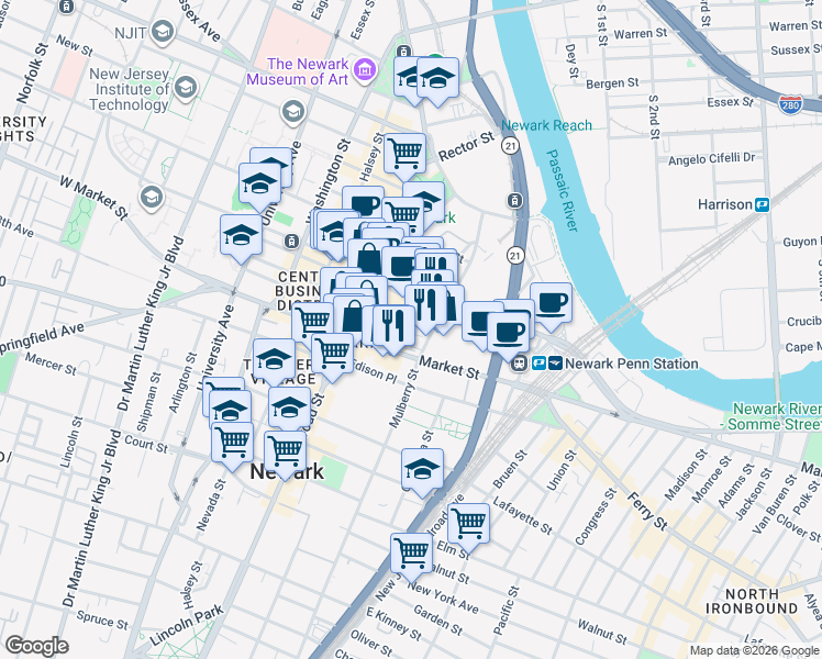map of restaurants, bars, coffee shops, grocery stores, and more near 107 Mulberry Street in Newark