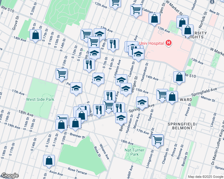 map of restaurants, bars, coffee shops, grocery stores, and more near 324 Littleton Avenue in Newark