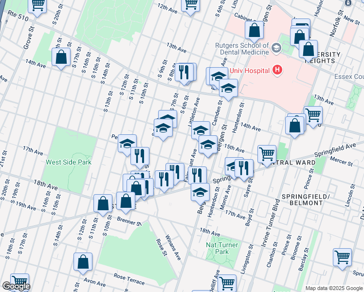 map of restaurants, bars, coffee shops, grocery stores, and more near 324 Littleton Avenue in Newark