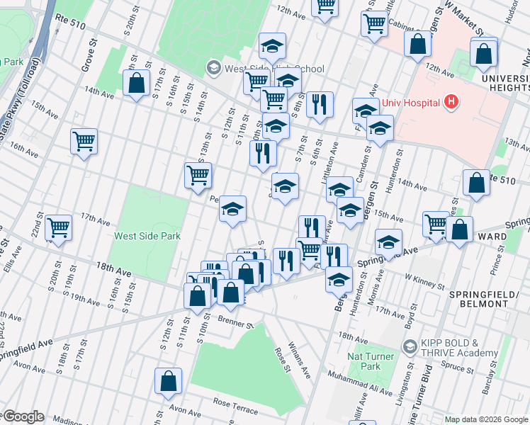 map of restaurants, bars, coffee shops, grocery stores, and more near 127 16th Avenue in Newark