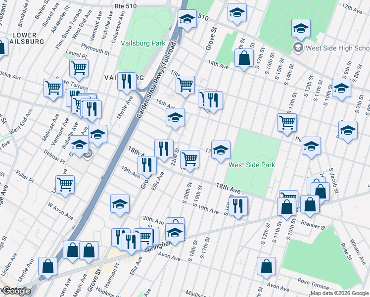 map of restaurants, bars, coffee shops, grocery stores, and more near 202 22nd Street in Irvington