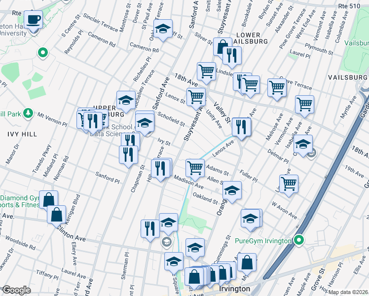 map of restaurants, bars, coffee shops, grocery stores, and more near 327 Stuyvesant Avenue in Newark
