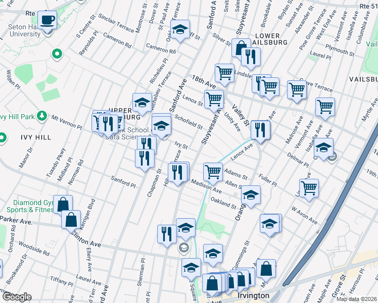 map of restaurants, bars, coffee shops, grocery stores, and more near 327 Stuyvesant Avenue in Newark