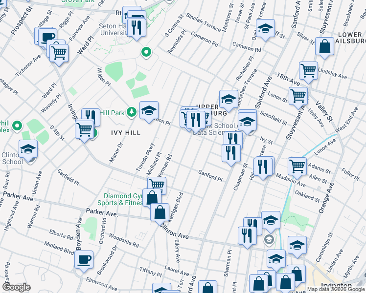 map of restaurants, bars, coffee shops, grocery stores, and more near 144-146 Norman Road in Newark
