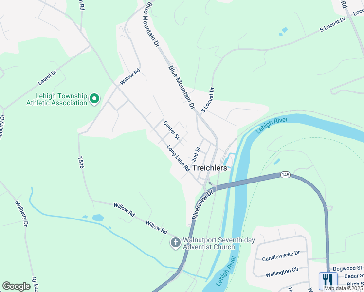 map of restaurants, bars, coffee shops, grocery stores, and more near 4363 3rd Street in Walnutport