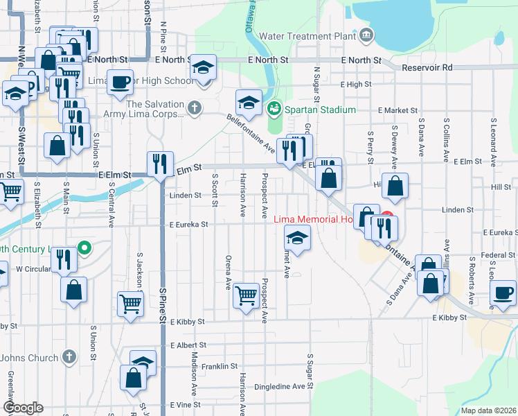 map of restaurants, bars, coffee shops, grocery stores, and more near 428 Prospect Avenue in Lima