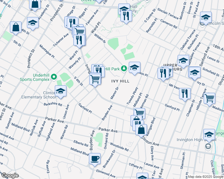 map of restaurants, bars, coffee shops, grocery stores, and more near 85 Manor Drive in Newark
