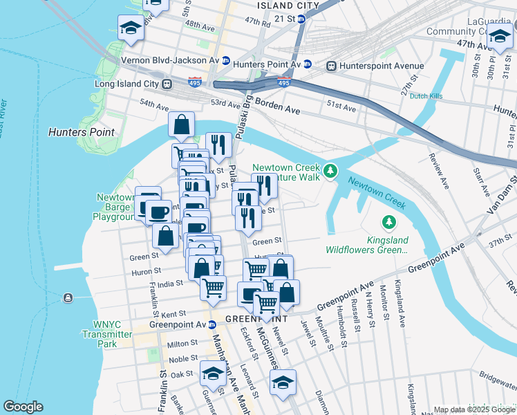 map of restaurants, bars, coffee shops, grocery stores, and more near 223 Eagle Street in Brooklyn