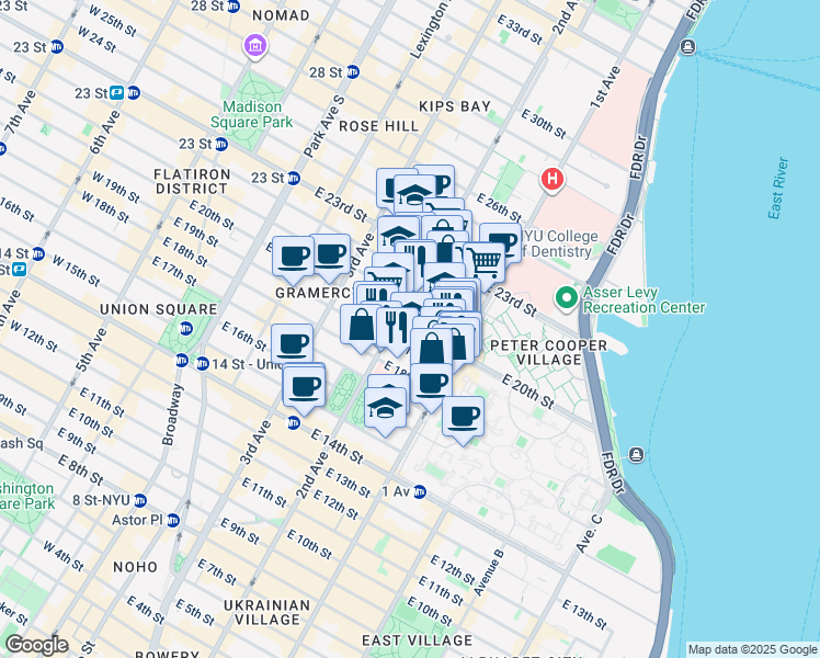map of restaurants, bars, coffee shops, grocery stores, and more near 320 East 20th Street in New York