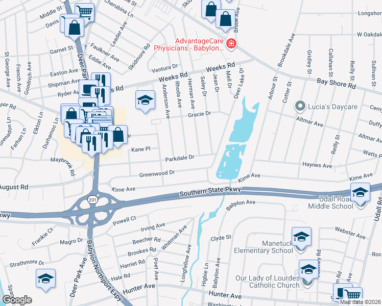 map of restaurants, bars, coffee shops, grocery stores, and more near 123 Parkdale Drive in North Babylon