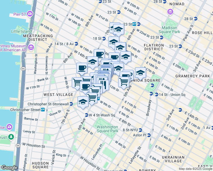 map of restaurants, bars, coffee shops, grocery stores, and more near 82 West 12th Street in New York