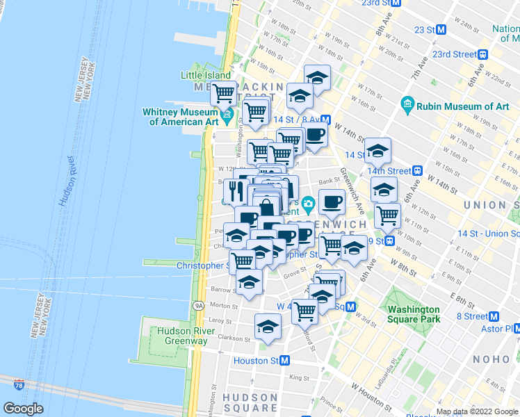 map of restaurants, bars, coffee shops, grocery stores, and more near Greenwich St & W 11th St in New York