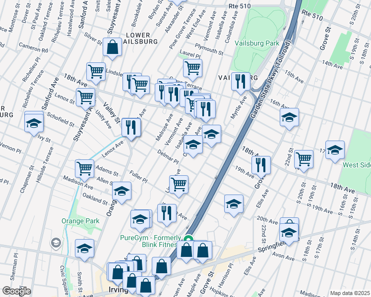 map of restaurants, bars, coffee shops, grocery stores, and more near 275 Columbia Avenue in Irvington