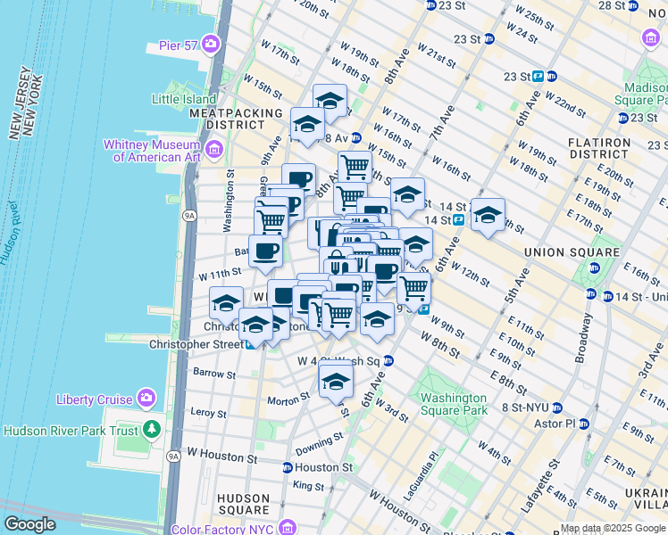 map of restaurants, bars, coffee shops, grocery stores, and more near in New York