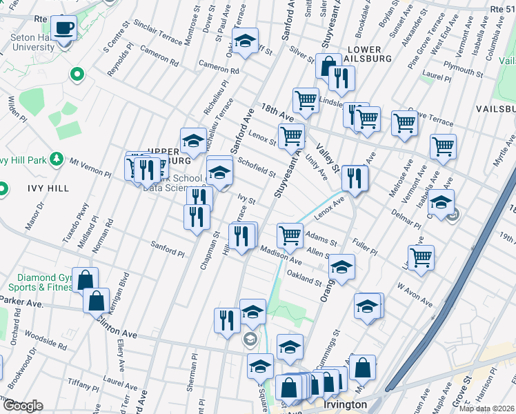 map of restaurants, bars, coffee shops, grocery stores, and more near 327 Stuyvesant Avenue in Newark