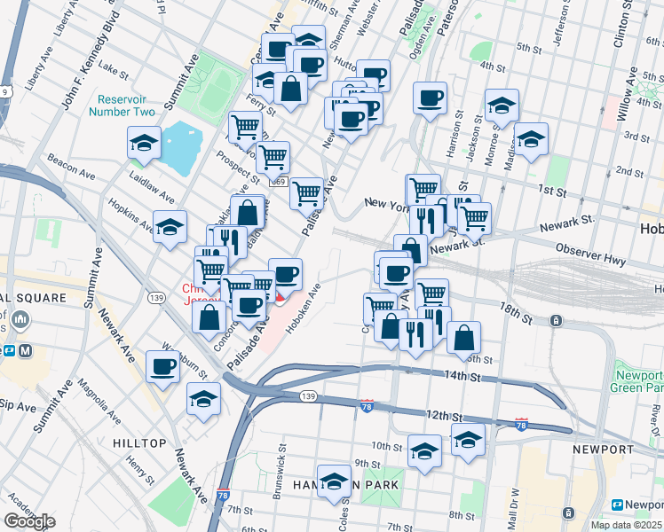 map of restaurants, bars, coffee shops, grocery stores, and more near 110 Hoboken Avenue in Jersey City
