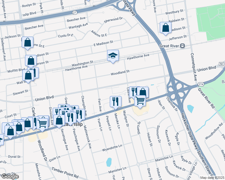 map of restaurants, bars, coffee shops, grocery stores, and more near 15 Viola Place in East Islip