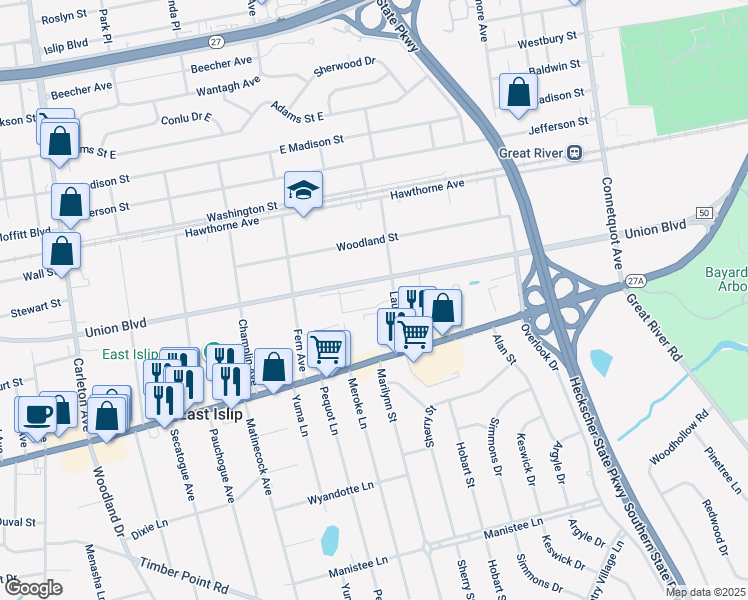 map of restaurants, bars, coffee shops, grocery stores, and more near 1 Bel Laurel Avenue in East Islip