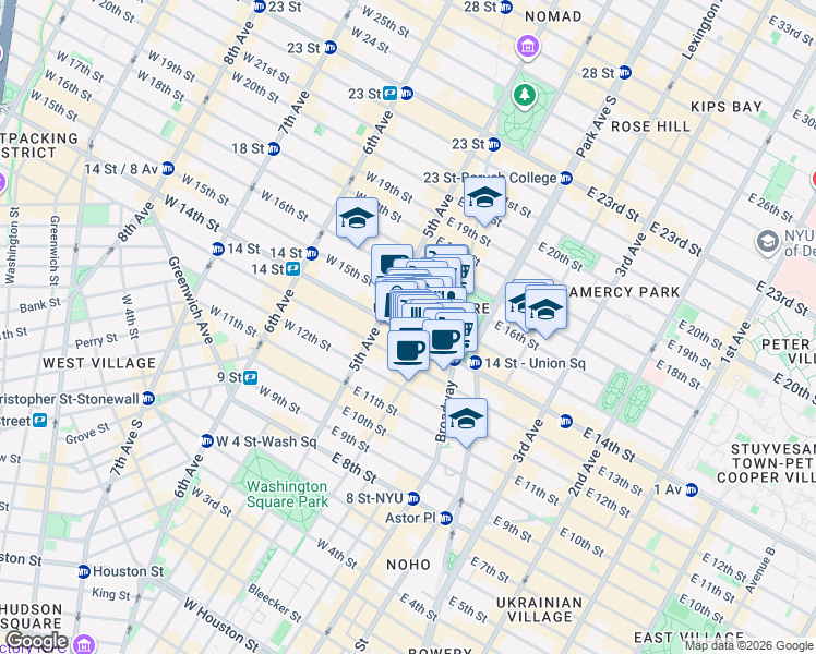 map of restaurants, bars, coffee shops, grocery stores, and more near 51 East 14th Street in New York