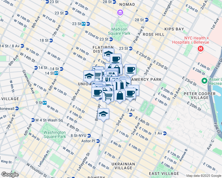 map of restaurants, bars, coffee shops, grocery stores, and more near 44-48 Union Square East in New York