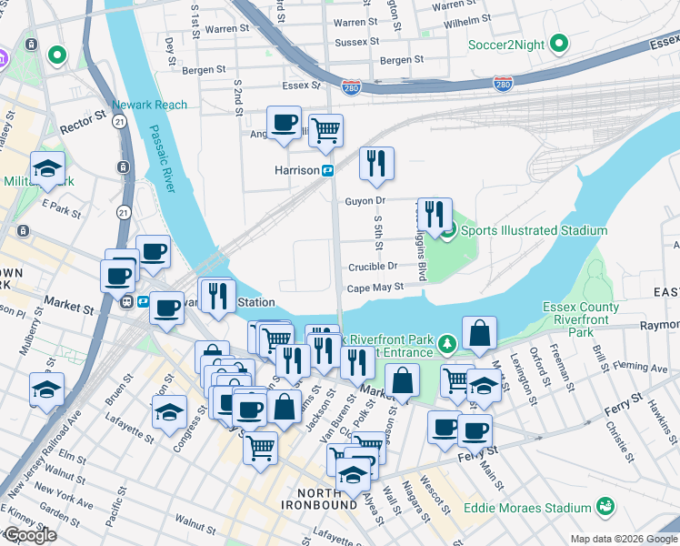 map of restaurants, bars, coffee shops, grocery stores, and more near 1080 Frank E Rodgers Boulevard South in Harrison
