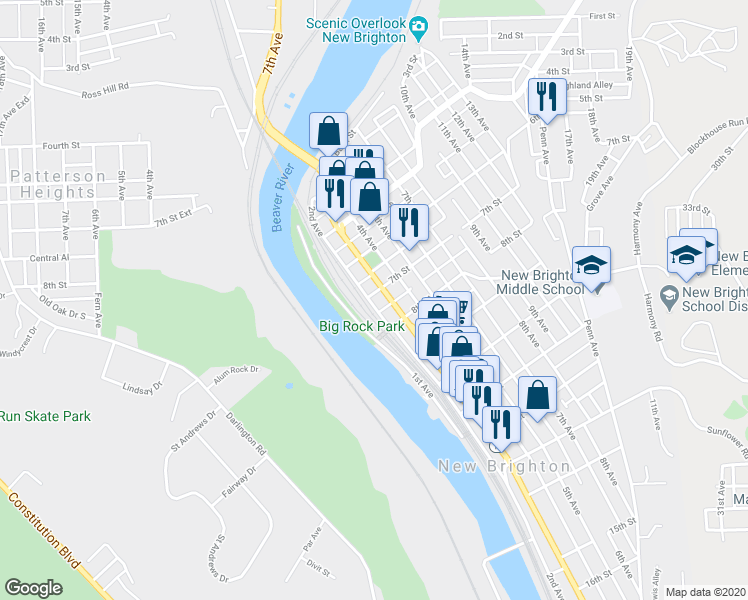 map of restaurants, bars, coffee shops, grocery stores, and more near 214 7th Street in New Brighton