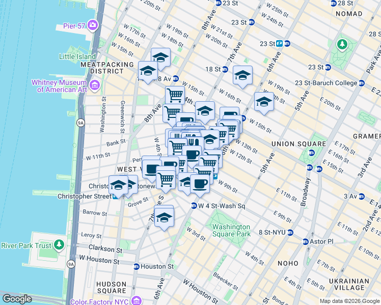 map of restaurants, bars, coffee shops, grocery stores, and more near 70 Greenwich Avenue in New York