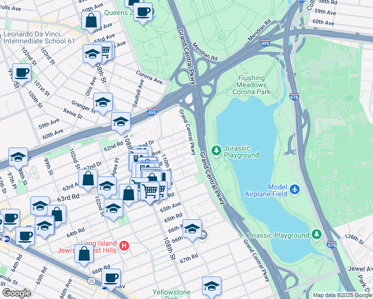 map of restaurants, bars, coffee shops, grocery stores, and more near 110-43 63rd Road in Queens
