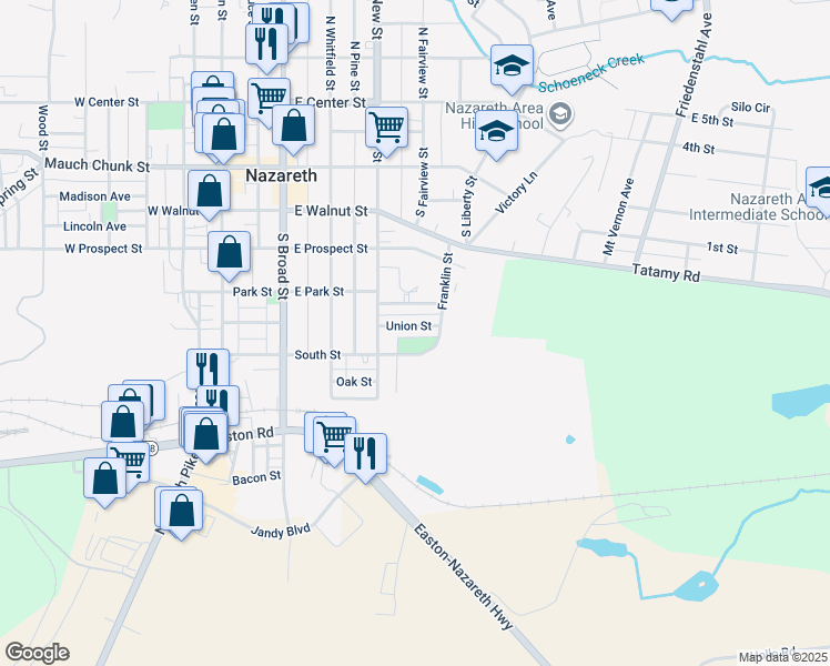 map of restaurants, bars, coffee shops, grocery stores, and more near 430 Quarry Street in Nazareth