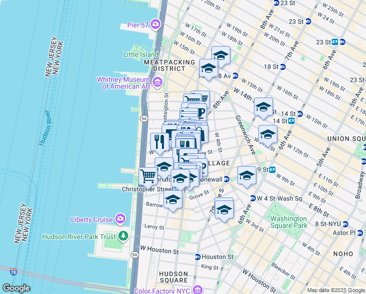 map of restaurants, bars, coffee shops, grocery stores, and more near 316 West 11th Street in New York