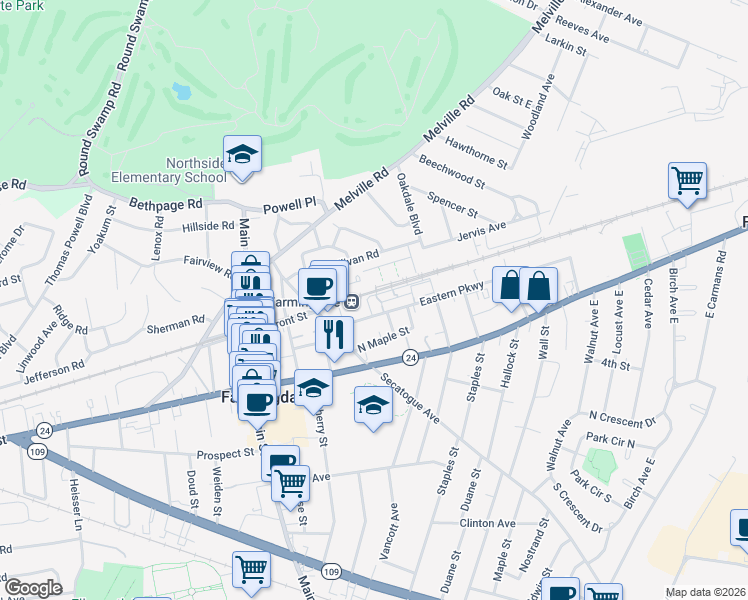 map of restaurants, bars, coffee shops, grocery stores, and more near 3 Main Street in Farmingdale