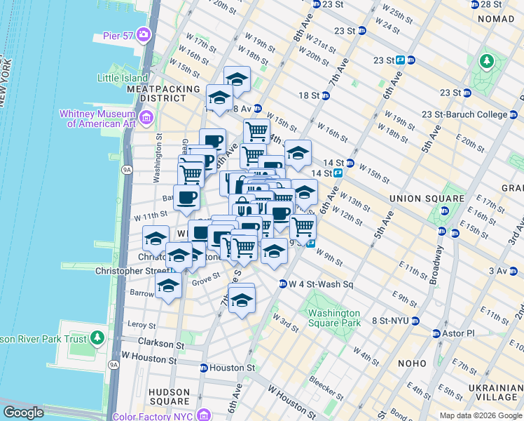map of restaurants, bars, coffee shops, grocery stores, and more near Perry St & Waverly Pl in New York