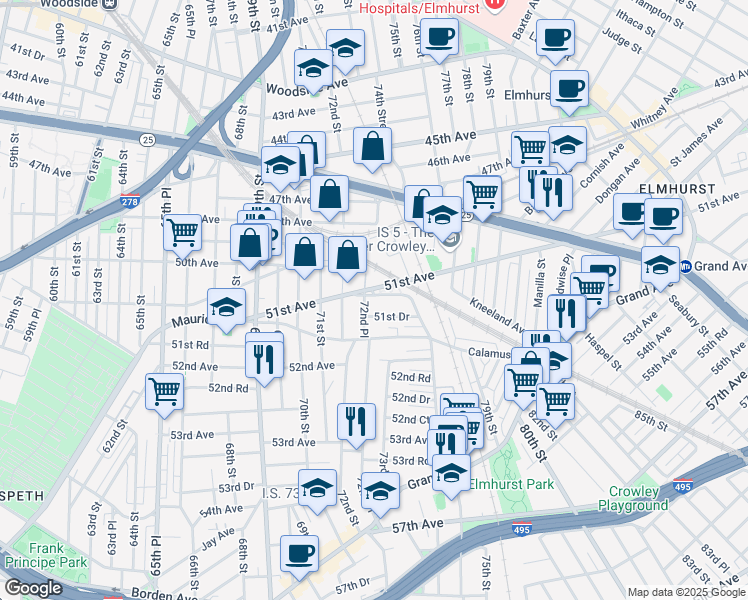 map of restaurants, bars, coffee shops, grocery stores, and more near 51-14 72nd Place in Queens