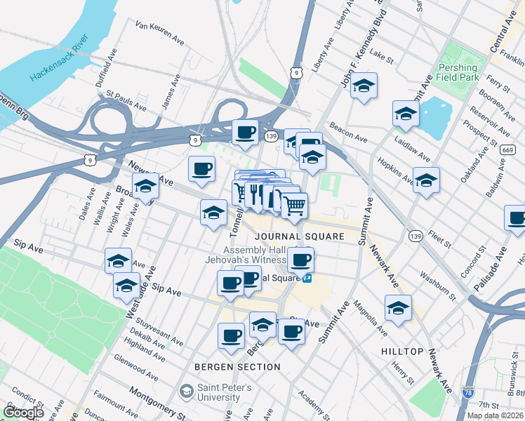 map of restaurants, bars, coffee shops, grocery stores, and more near 810 Newark Avenue in Jersey City
