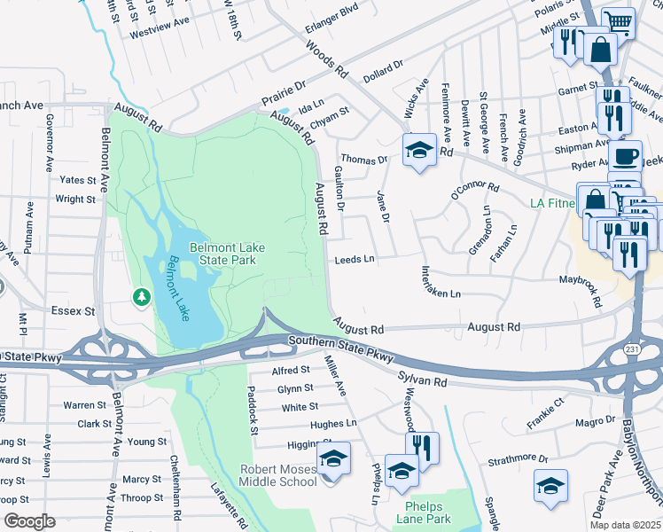 map of restaurants, bars, coffee shops, grocery stores, and more near 199 August Road in North Babylon